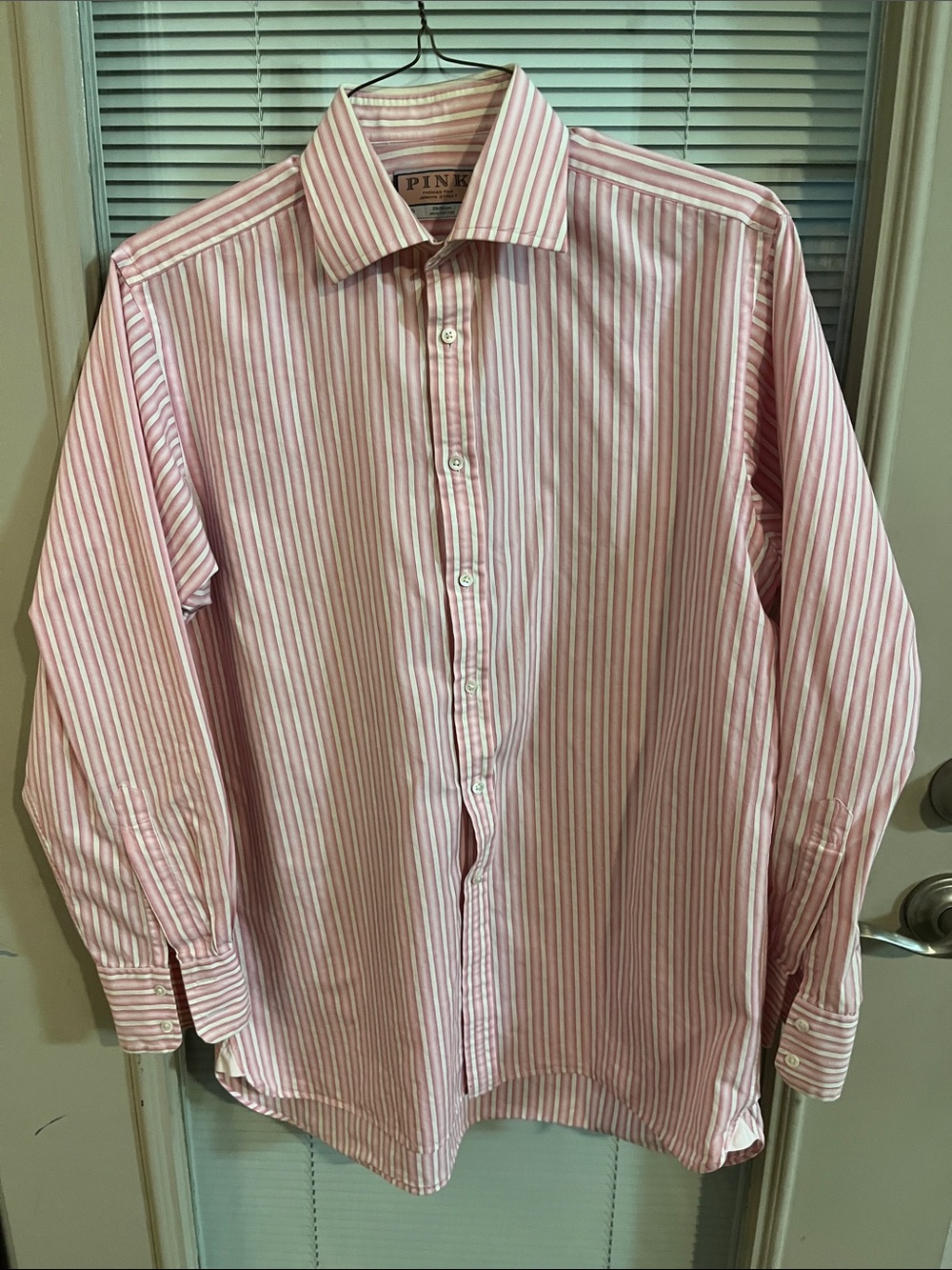 Thomas Pink Pink and White Striped Men's Dress Shirt